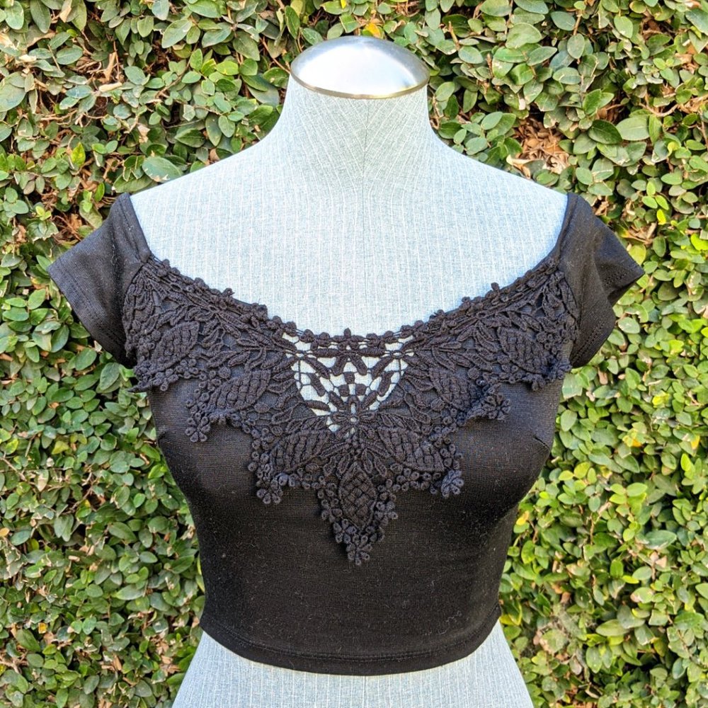Black Crop Top with Lace Overlay